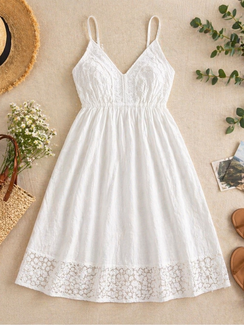 White Waves Cotton Eyelet Lace Sundress XL Boho  Midi Dress Adjustable Straps
